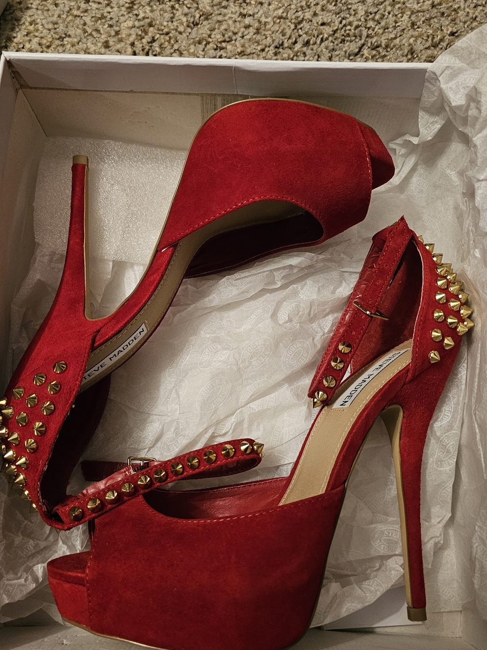 Steve Madden Red Suede Studded Platform Peep-Toe Heels